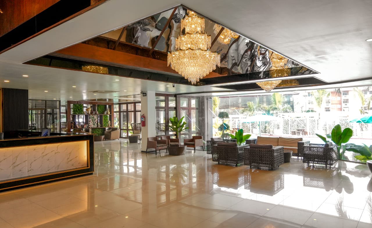 Wide view of the hotel lobby